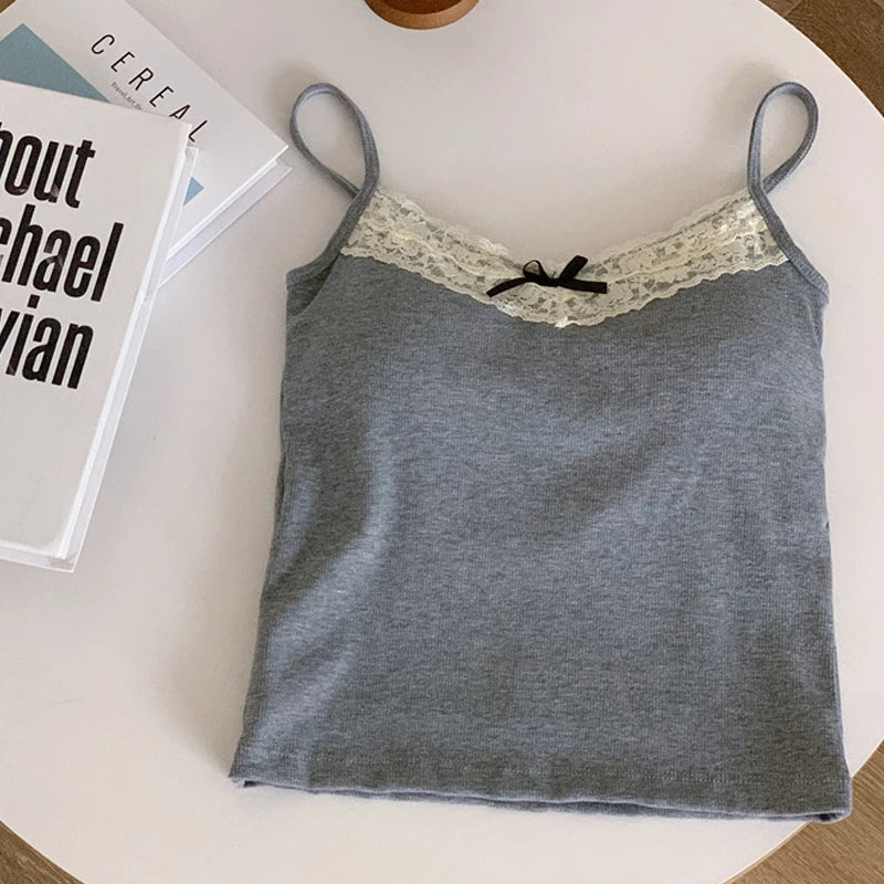 1pcs Women Knitted Crop Tops Solid Laces Sling Tops Knitwear Tank Top Girls Sexy Slim Camisole Sweet Short Vest With Padded Cups