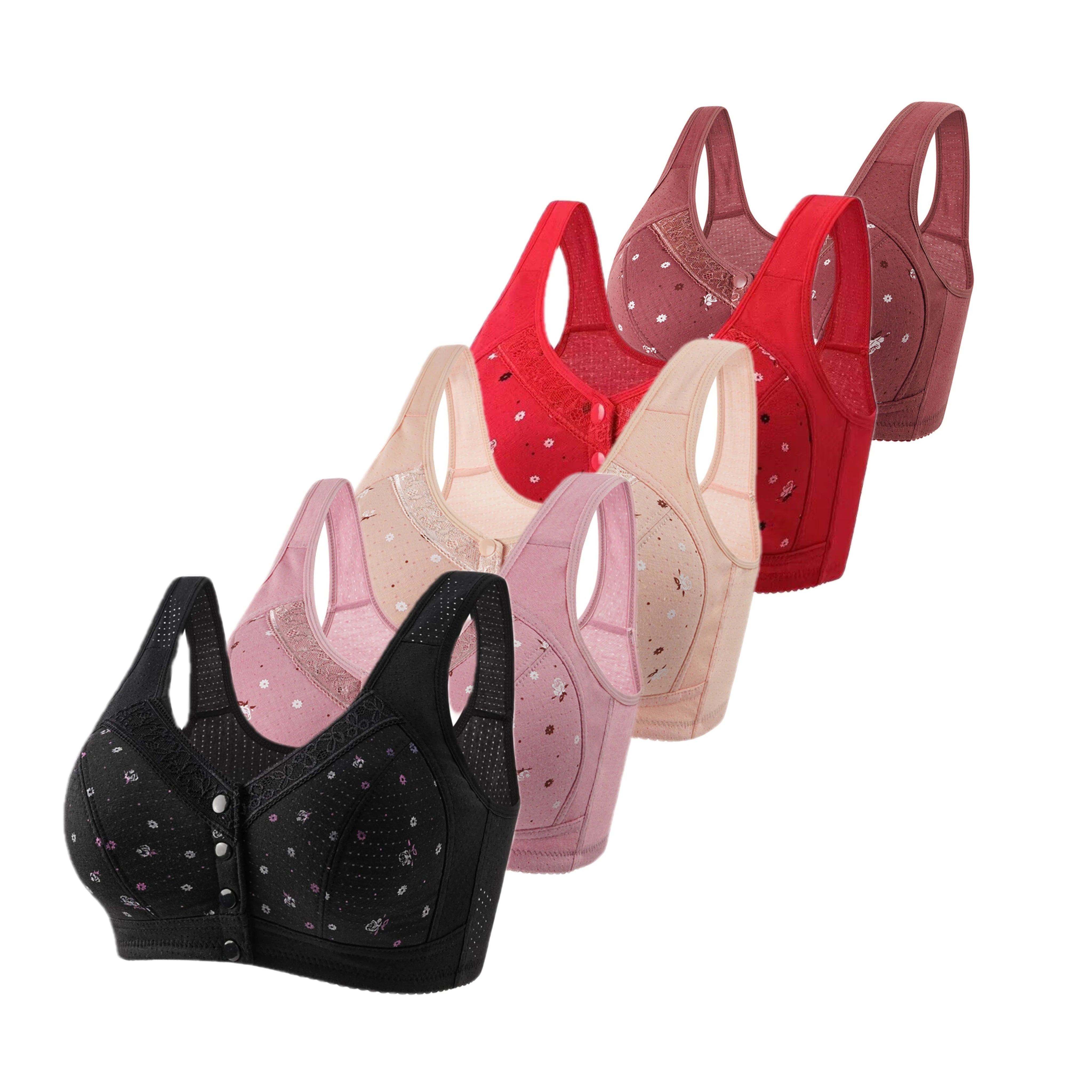 FallSweet 5Pcs/Set Front Closure Plus Size Bras for Women Seamless Wireless Bralette Lace Print Sexy Ladies Lingerie 38-50BC