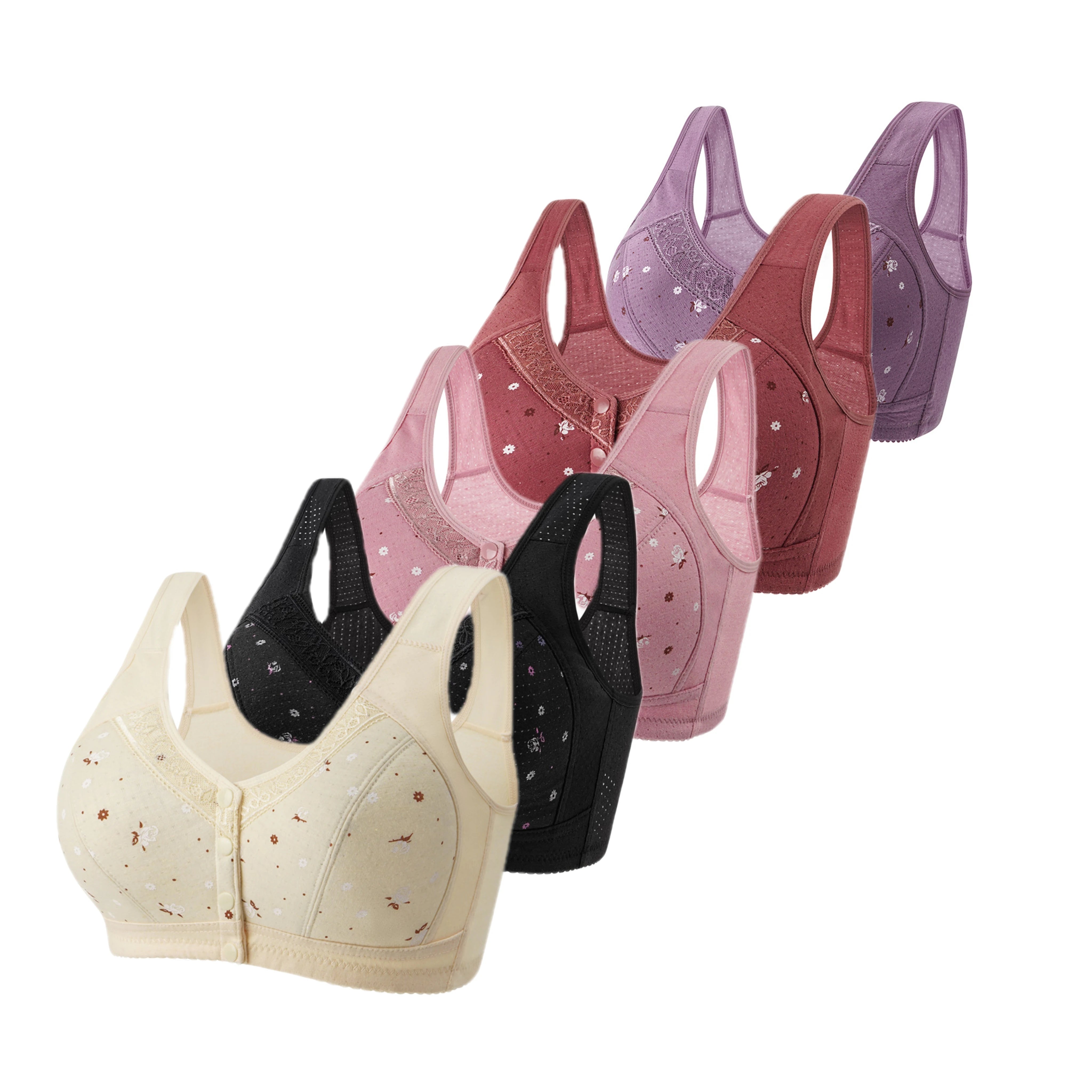 FallSweet 5Pcs/Set Front Closure Plus Size Bras for Women Seamless Wireless Bralette Lace Print Sexy Ladies Lingerie 38-50BC