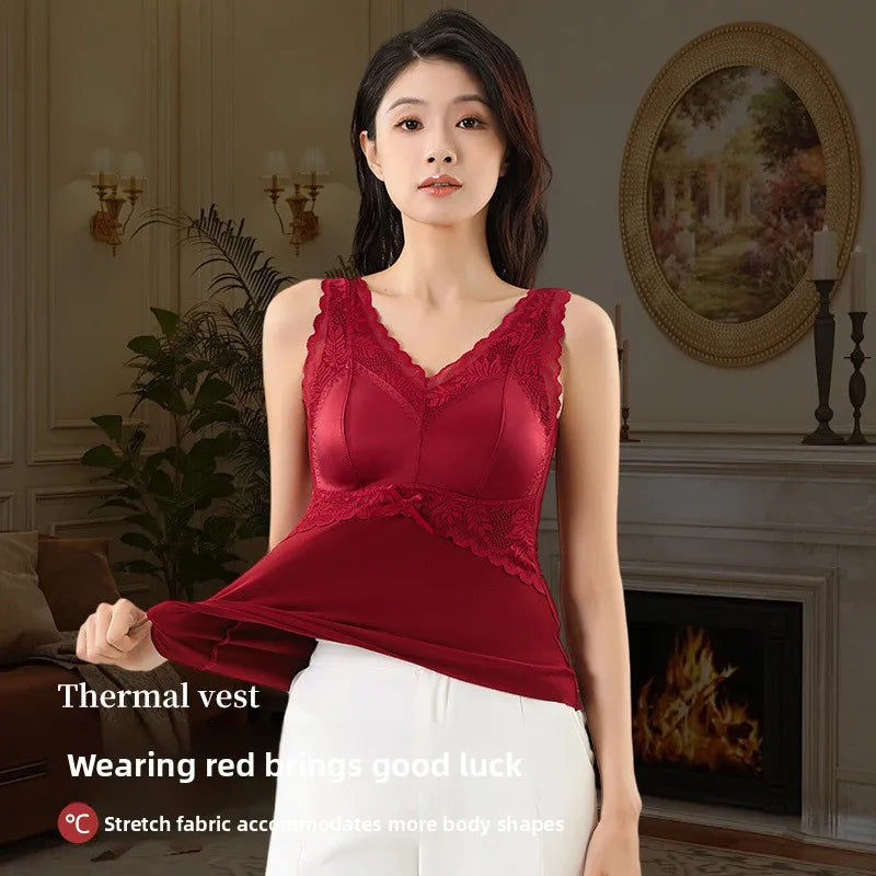 Ladies Fashionable Highquality Velvet Warm Vest Autumn Winter Lace Seamless One-piece Fixed Chest Pad Comfortable Warm Underwear