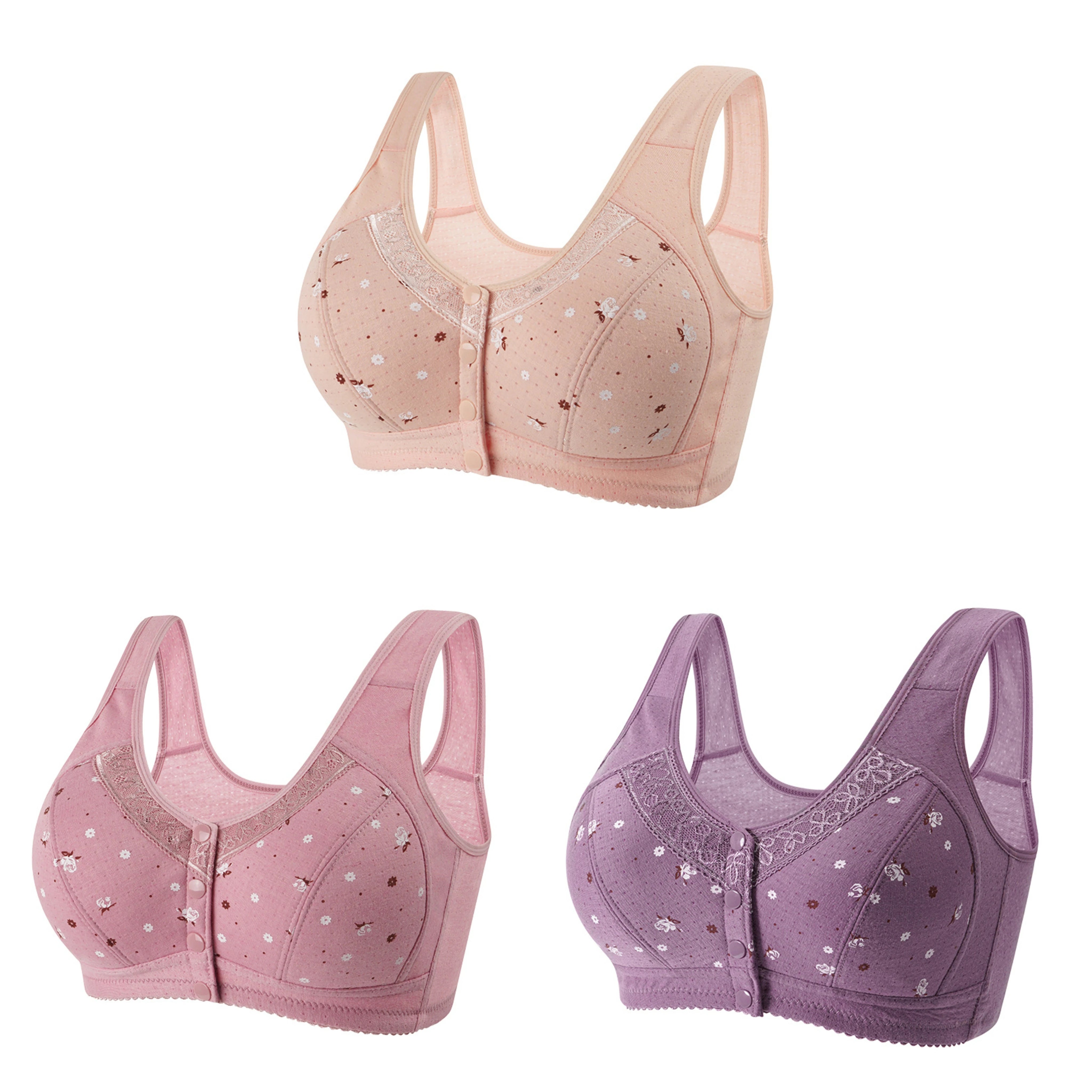 FallSweet 3Pcs/Set Front Closure Bra for Women Plus Size Bras Seamless Wireless Bralette Lace Brassiere Sexy Ladies Lingerie