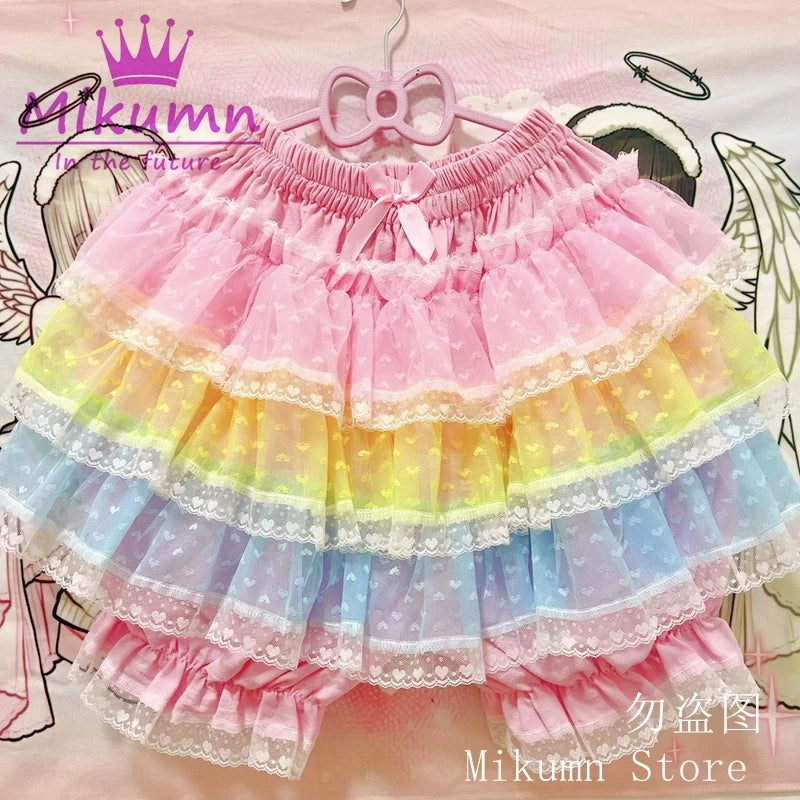 Mikumn Harajuku Sweet Lace Shorts Skirts Y2k Japanese Lolita Kawaii JK Ruffles Bloomers Women Elastic Waist Safety Short Pants