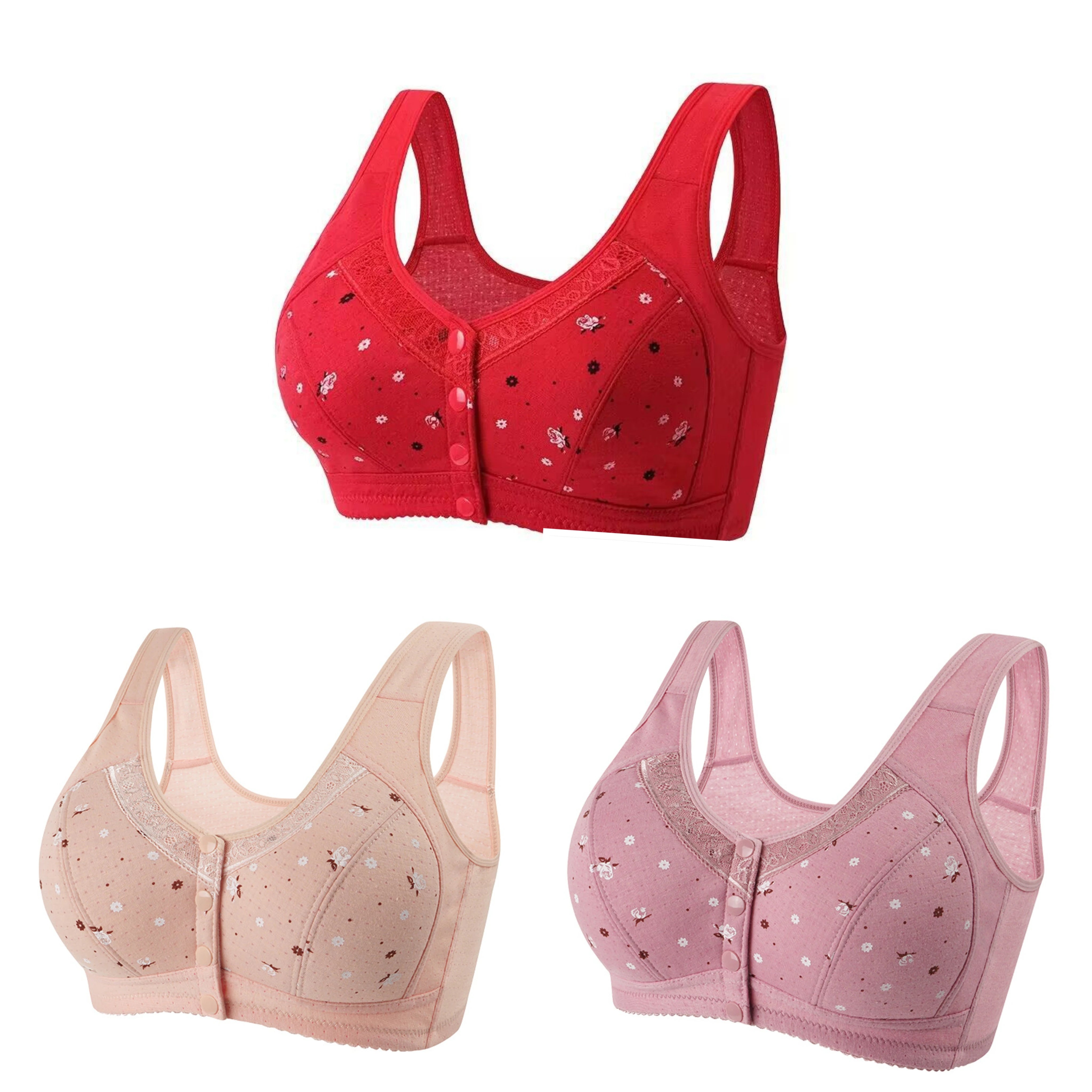 FallSweet 3Pcs/Set Front Closure Bra for Women Plus Size Bras Seamless Wireless Bralette Lace Brassiere Sexy Ladies Lingerie