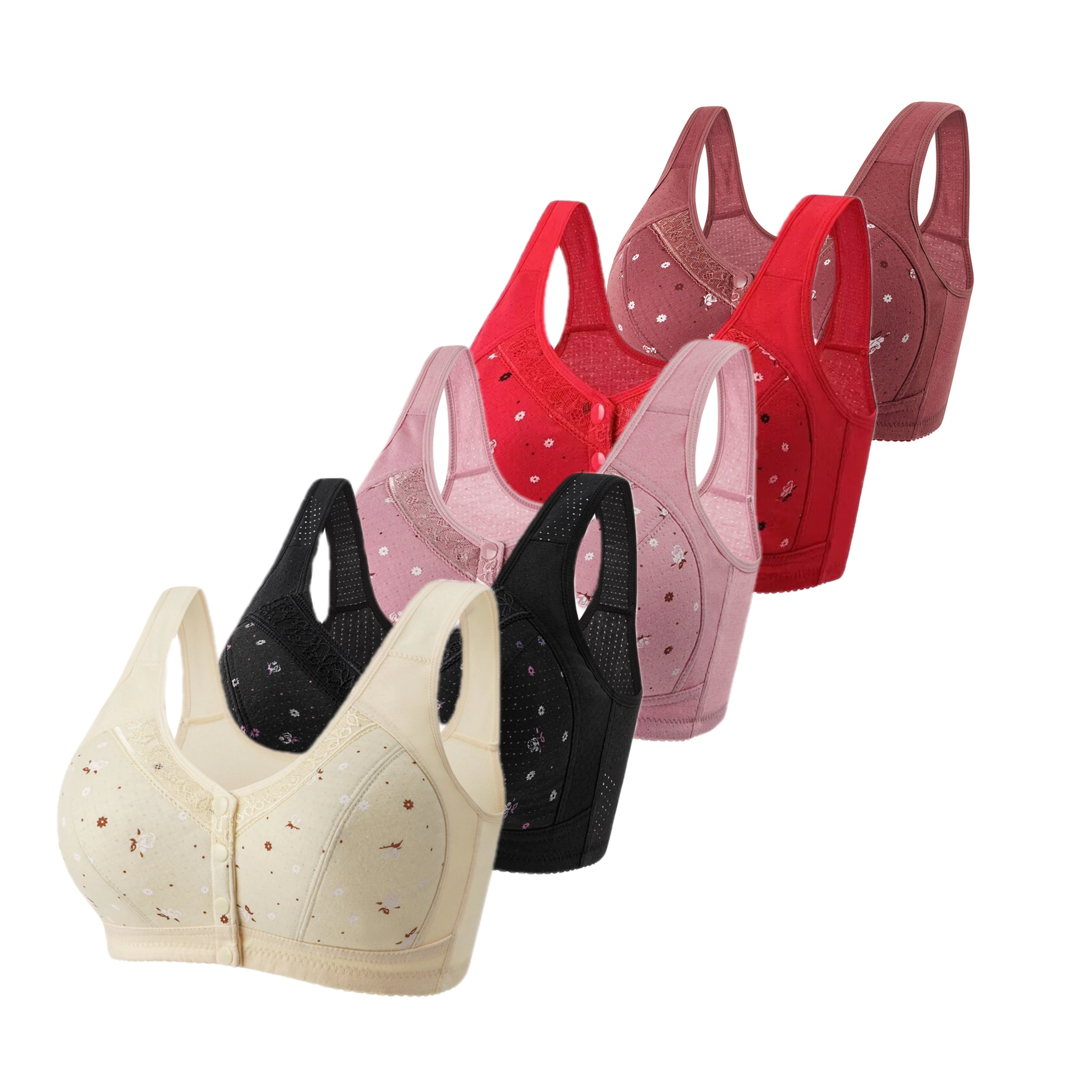 FallSweet 5Pcs/Set Front Closure Plus Size Bras for Women Seamless Wireless Bralette Lace Print Sexy Ladies Lingerie 38-50BC