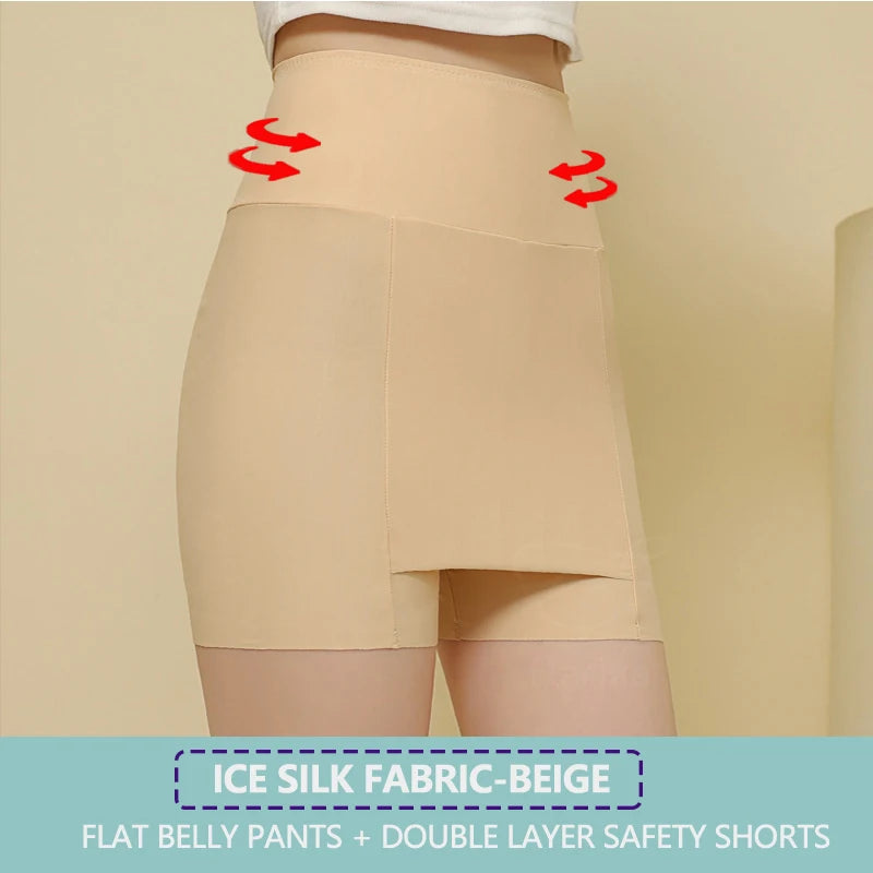 Flarixa Double Layer Safety Shorts With High Waist Ice Silk Protective Panties for Women Under the Skirts Traceless Underwear