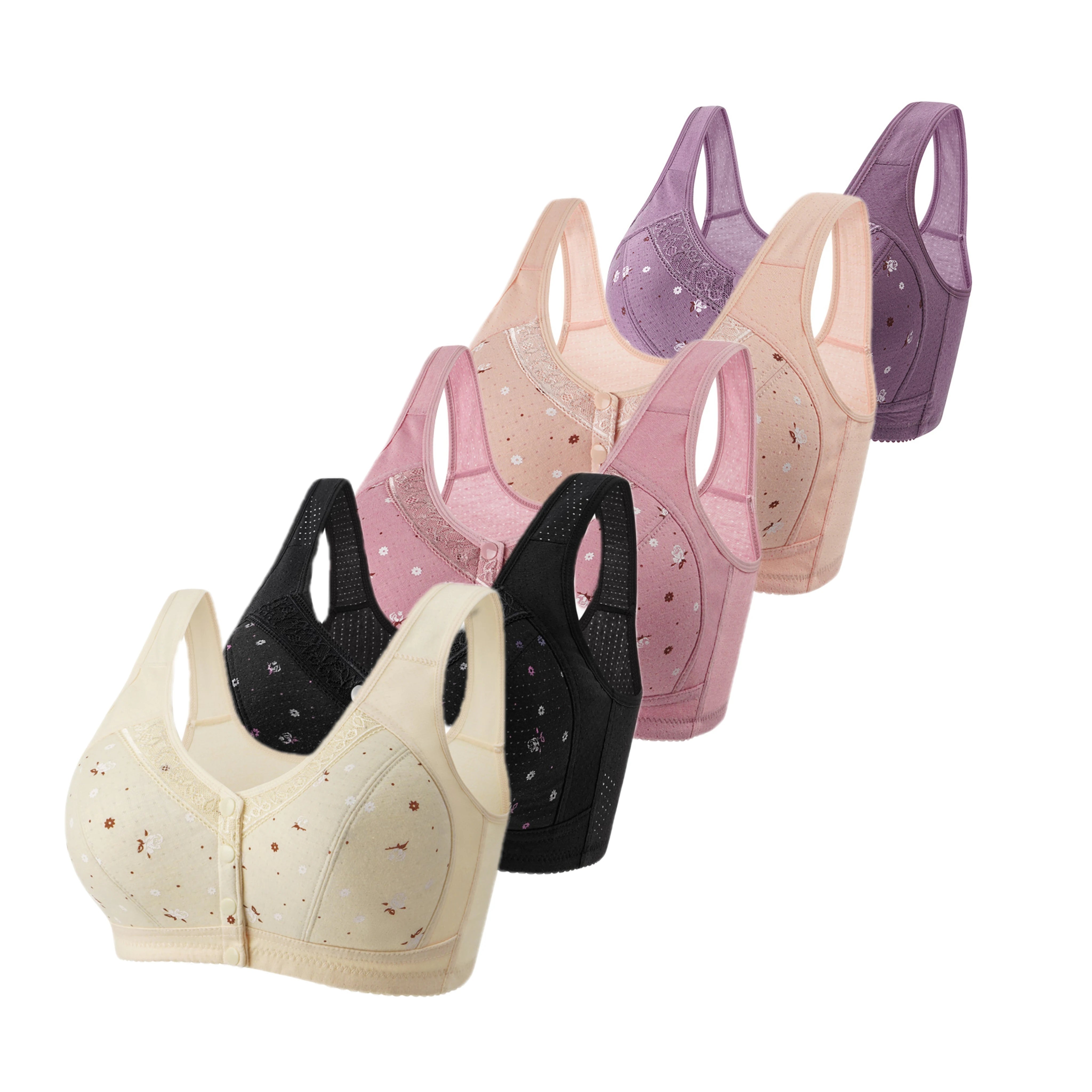 FallSweet 5Pcs/Set Front Closure Plus Size Bras for Women Seamless Wireless Bralette Lace Print Sexy Ladies Lingerie 38-50BC