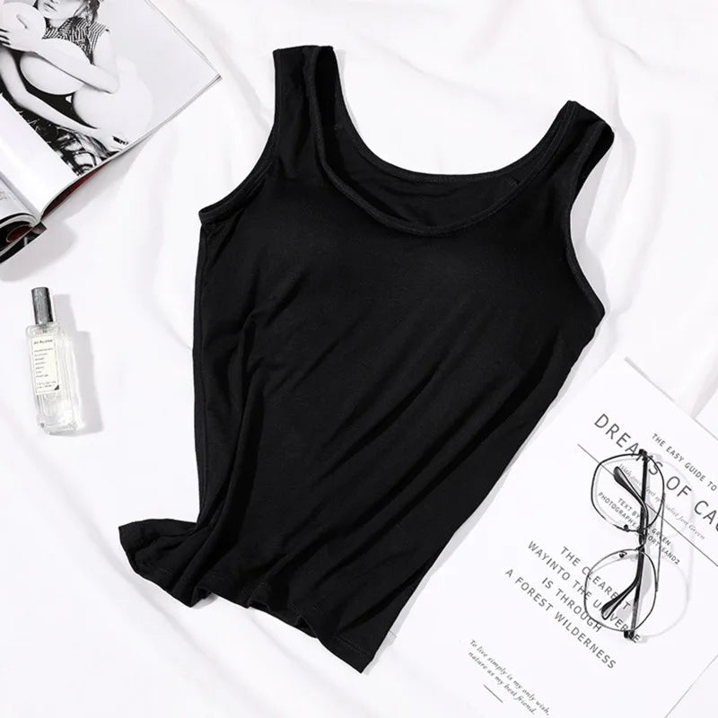 Women's Vest Tops With Built In Padded Bra Vest Slim Fit Tank Tops Sexy Shirts Feminino Casual Underlay Slimming Lingerie Top