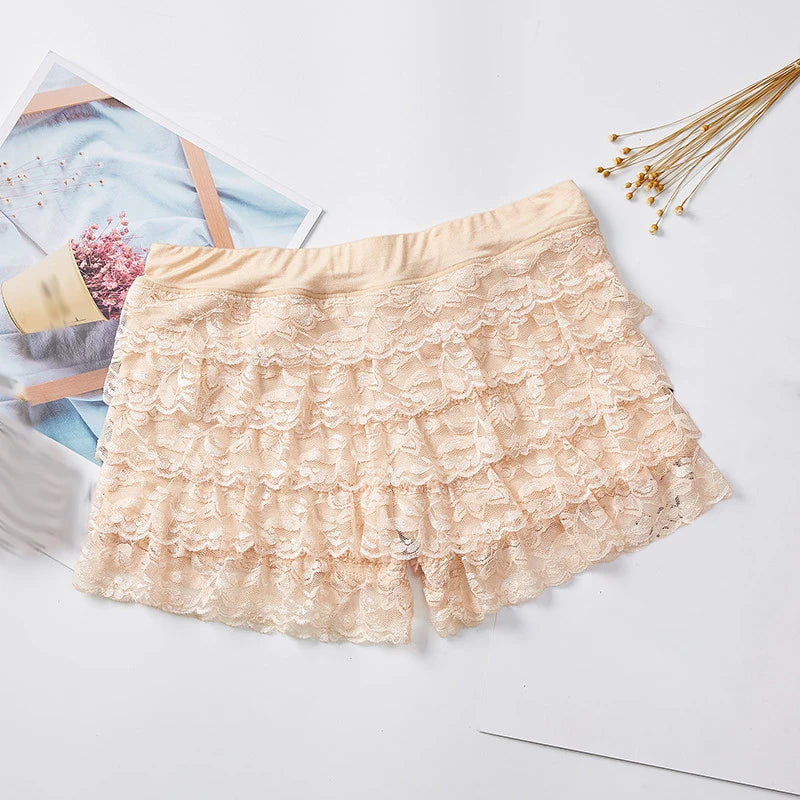 Women Summer Ruffle Lace Safety Short Pants Princess Lolita Safety Shorts Elastic Waist Casual Layered Panties Underwear