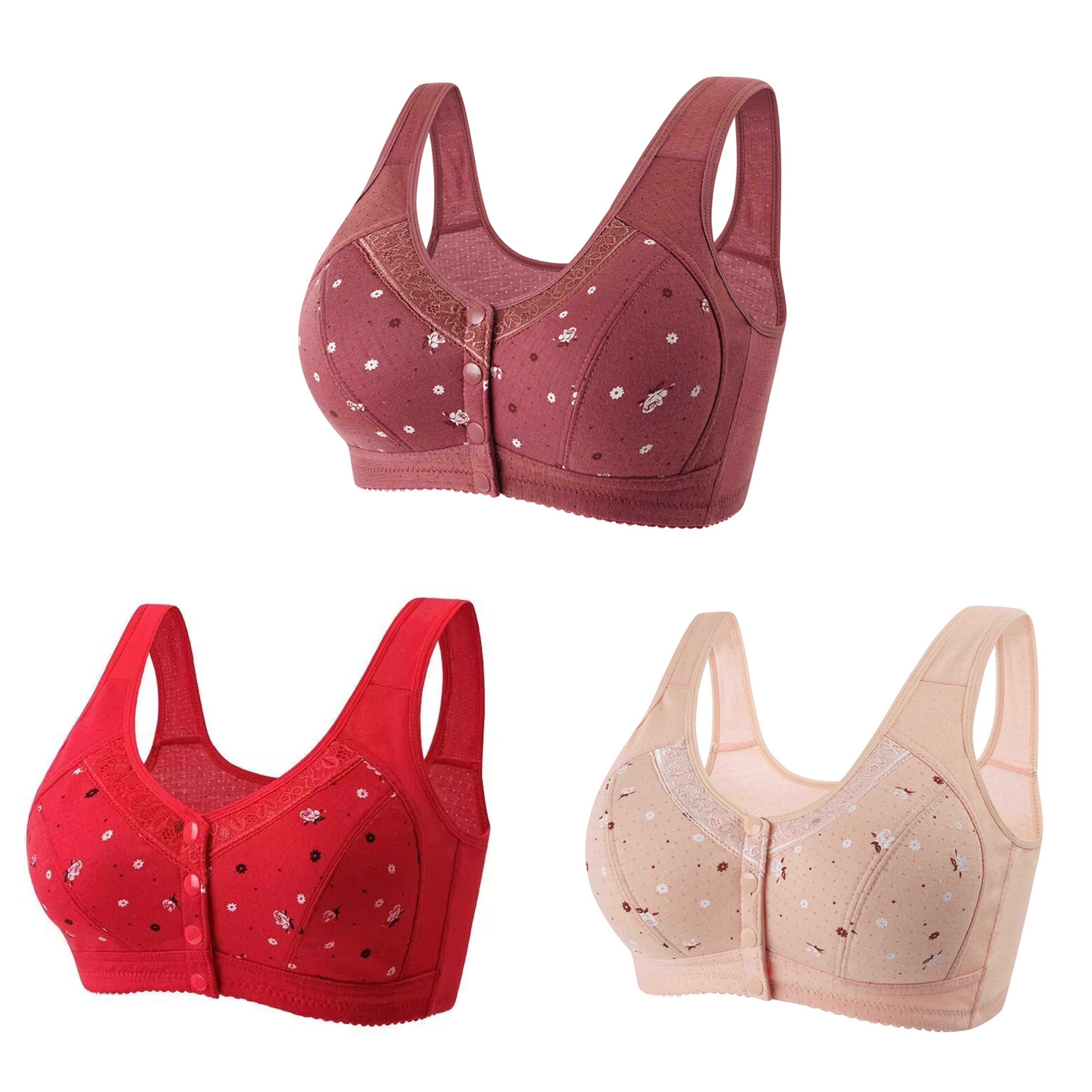 FallSweet 3Pcs/Set Front Closure Bra for Women Plus Size Bras Seamless Wireless Bralette Lace Brassiere Sexy Ladies Lingerie
