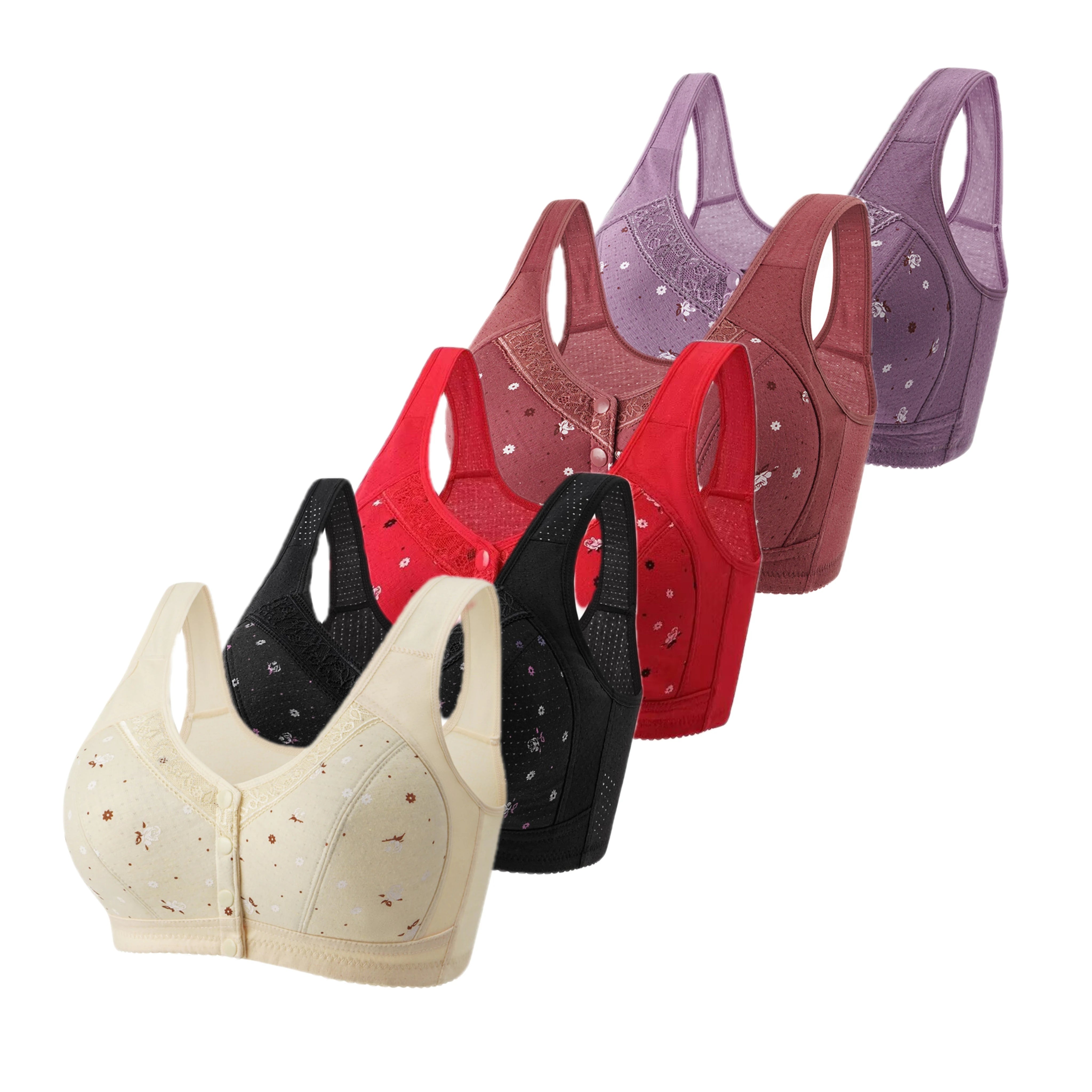 FallSweet 5Pcs/Set Front Closure Plus Size Bras for Women Seamless Wireless Bralette Lace Print Sexy Ladies Lingerie 38-50BC