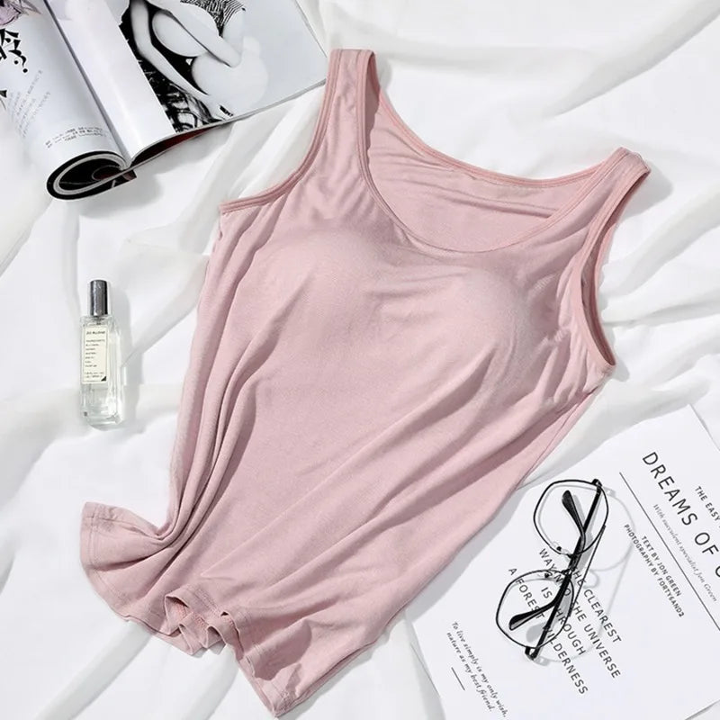 Women's Vest Tops With Built In Padded Bra Vest Slim Fit Tank Tops Sexy Shirts Feminino Casual Underlay Slimming Lingerie Top
