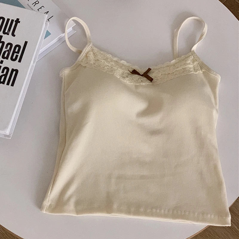 1pcs Women Knitted Crop Tops Solid Laces Sling Tops Knitwear Tank Top Girls Sexy Slim Camisole Sweet Short Vest With Padded Cups