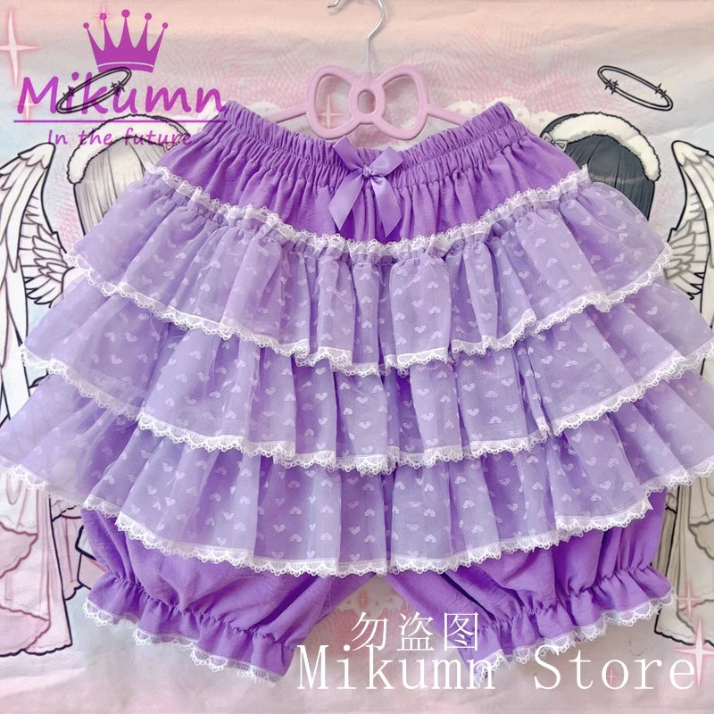 Mikumn Harajuku Sweet Lace Shorts Skirts Y2k Japanese Lolita Kawaii JK Ruffles Bloomers Women Elastic Waist Safety Short Pants