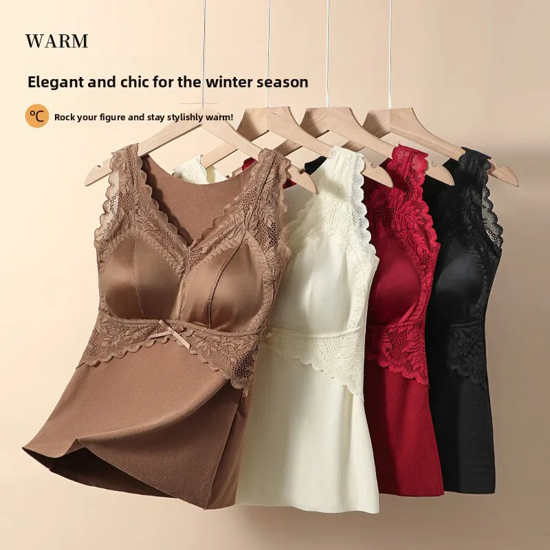 Ladies Fashionable Highquality Velvet Warm Vest Autumn Winter Lace Seamless One-piece Fixed Chest Pad Comfortable Warm Underwear