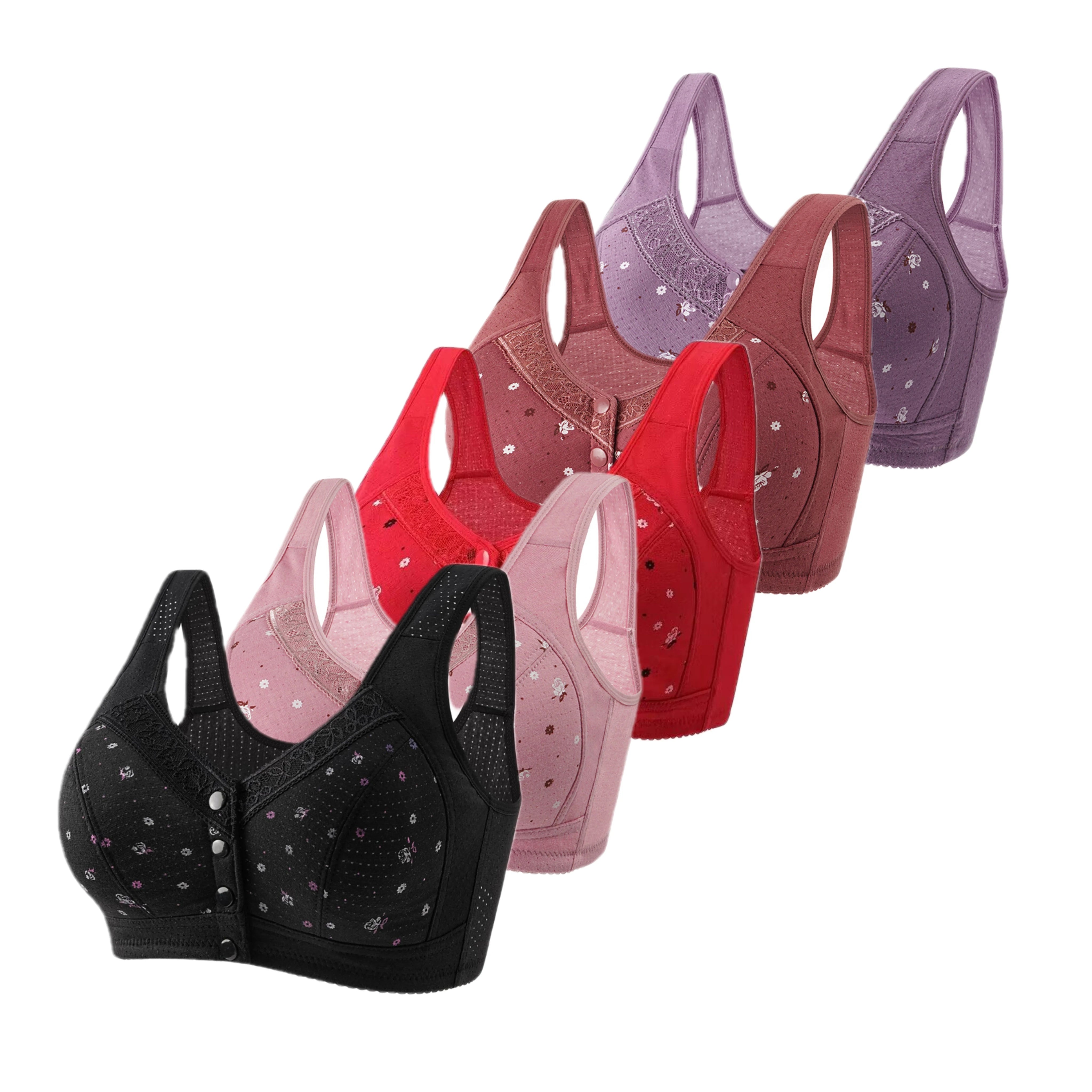 FallSweet 5Pcs/Set Front Closure Plus Size Bras for Women Seamless Wireless Bralette Lace Print Sexy Ladies Lingerie 38-50BC