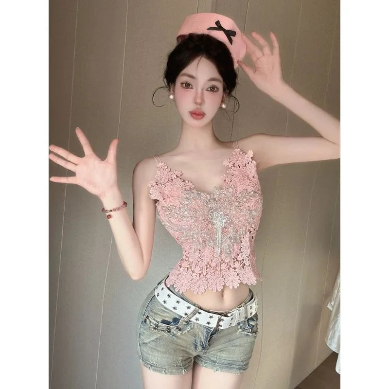 Summer French-style sweet and spicy lace camisole top versatile for layering or casual wear, women's fashion