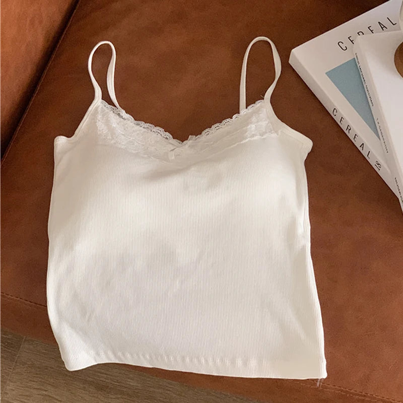 1pcs Women Knitted Crop Tops Solid Laces Sling Tops Knitwear Tank Top Girls Sexy Slim Camisole Sweet Short Vest With Padded Cups