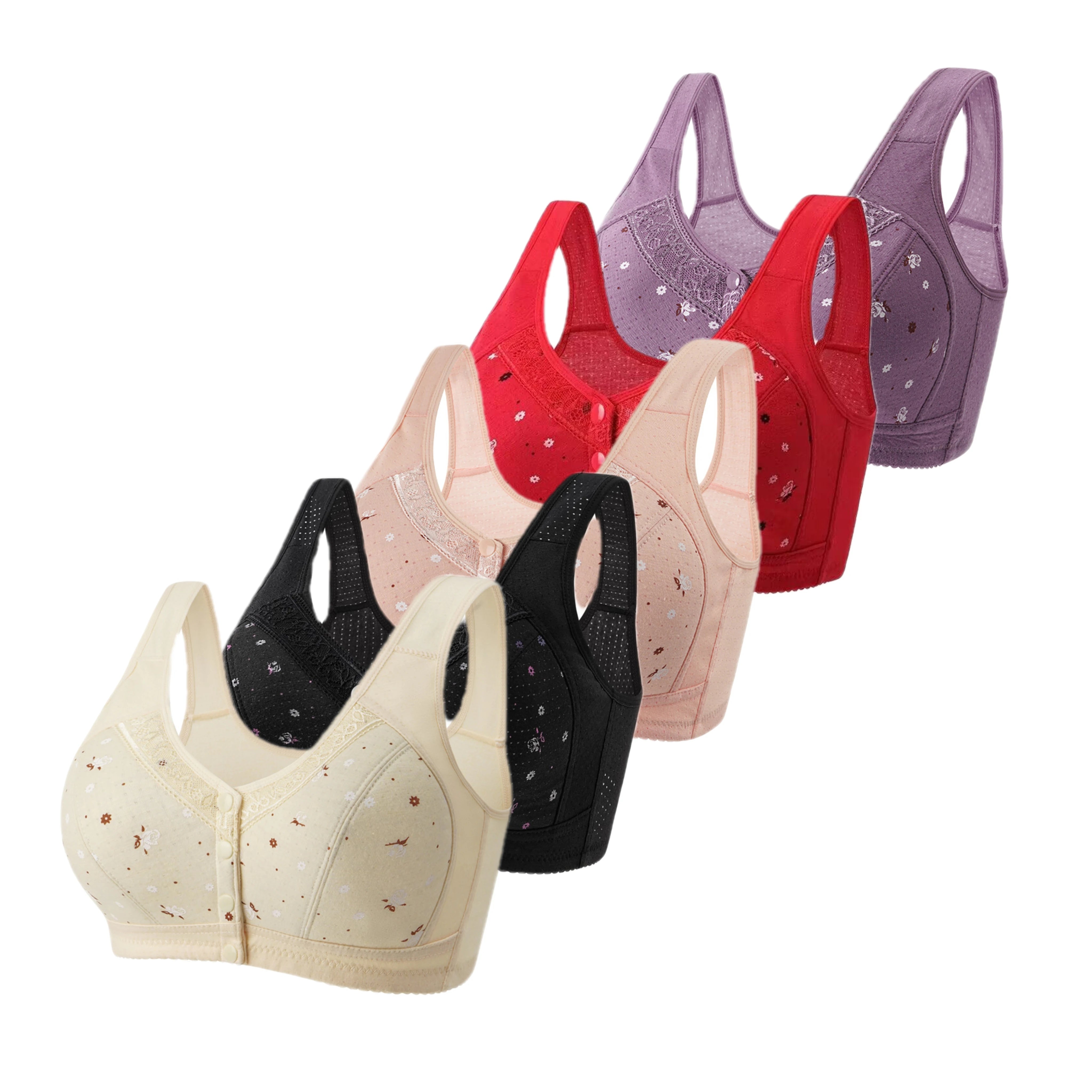 FallSweet 5Pcs/Set Front Closure Plus Size Bras for Women Seamless Wireless Bralette Lace Print Sexy Ladies Lingerie 38-50BC