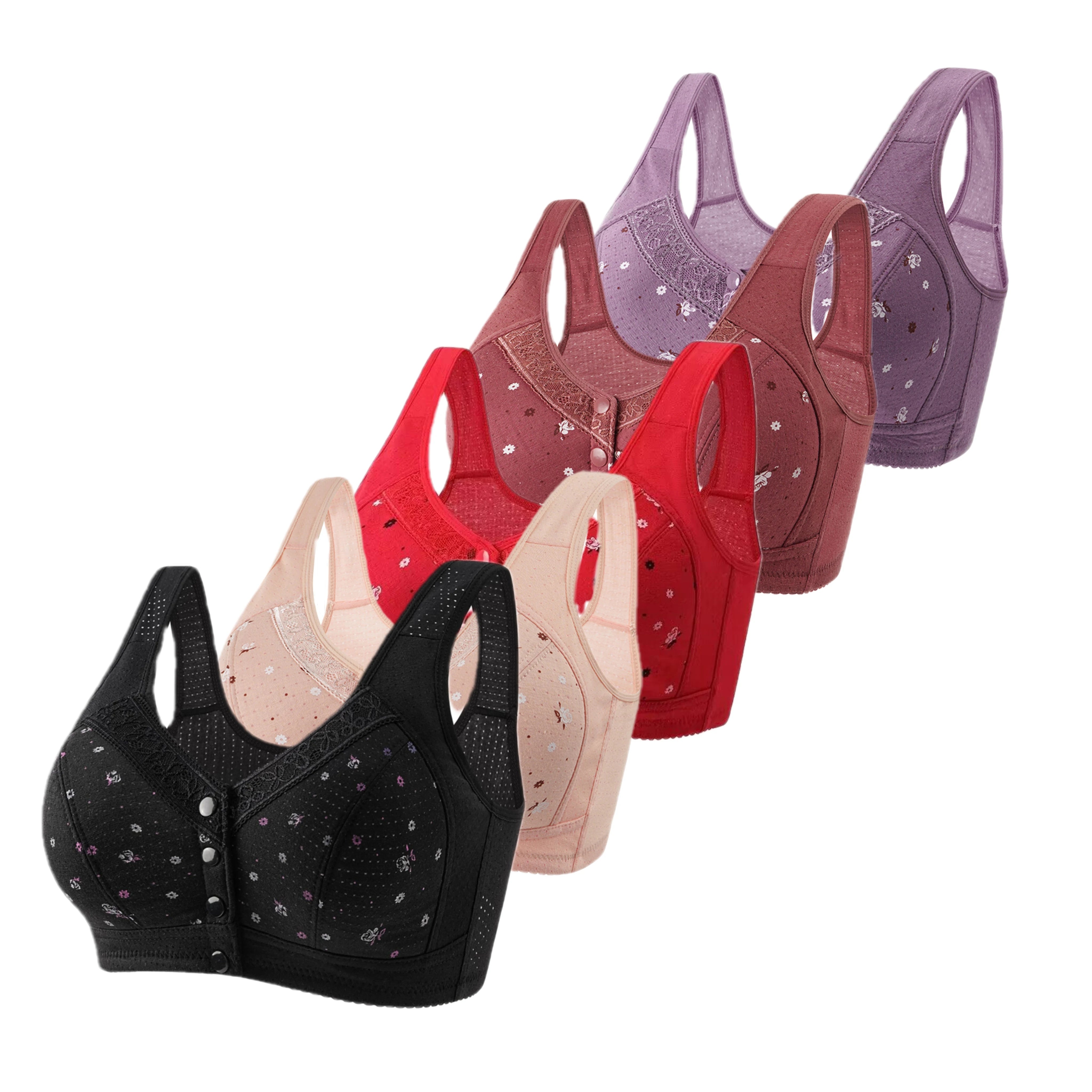 FallSweet 5Pcs/Set Front Closure Plus Size Bras for Women Seamless Wireless Bralette Lace Print Sexy Ladies Lingerie 38-50BC