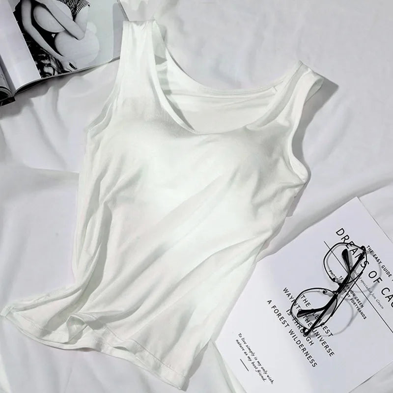 Women's Vest Tops With Built In Padded Bra Vest Slim Fit Tank Tops Sexy Shirts Feminino Casual Underlay Slimming Lingerie Top