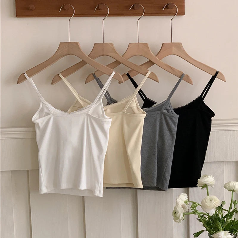 1pcs Women Knitted Crop Tops Solid Laces Sling Tops Knitwear Tank Top Girls Sexy Slim Camisole Sweet Short Vest With Padded Cups
