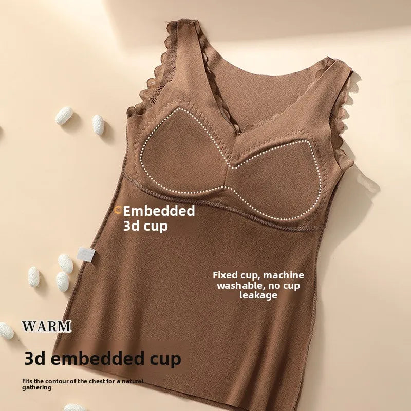 Ladies Fashionable Highquality Velvet Warm Vest Autumn Winter Lace Seamless One-piece Fixed Chest Pad Comfortable Warm Underwear