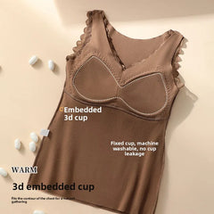 Ladies Fashionable Highquality Velvet Warm Vest Autumn Winter Lace Seamless One-piece Fixed Chest Pad Comfortable Warm Underwear