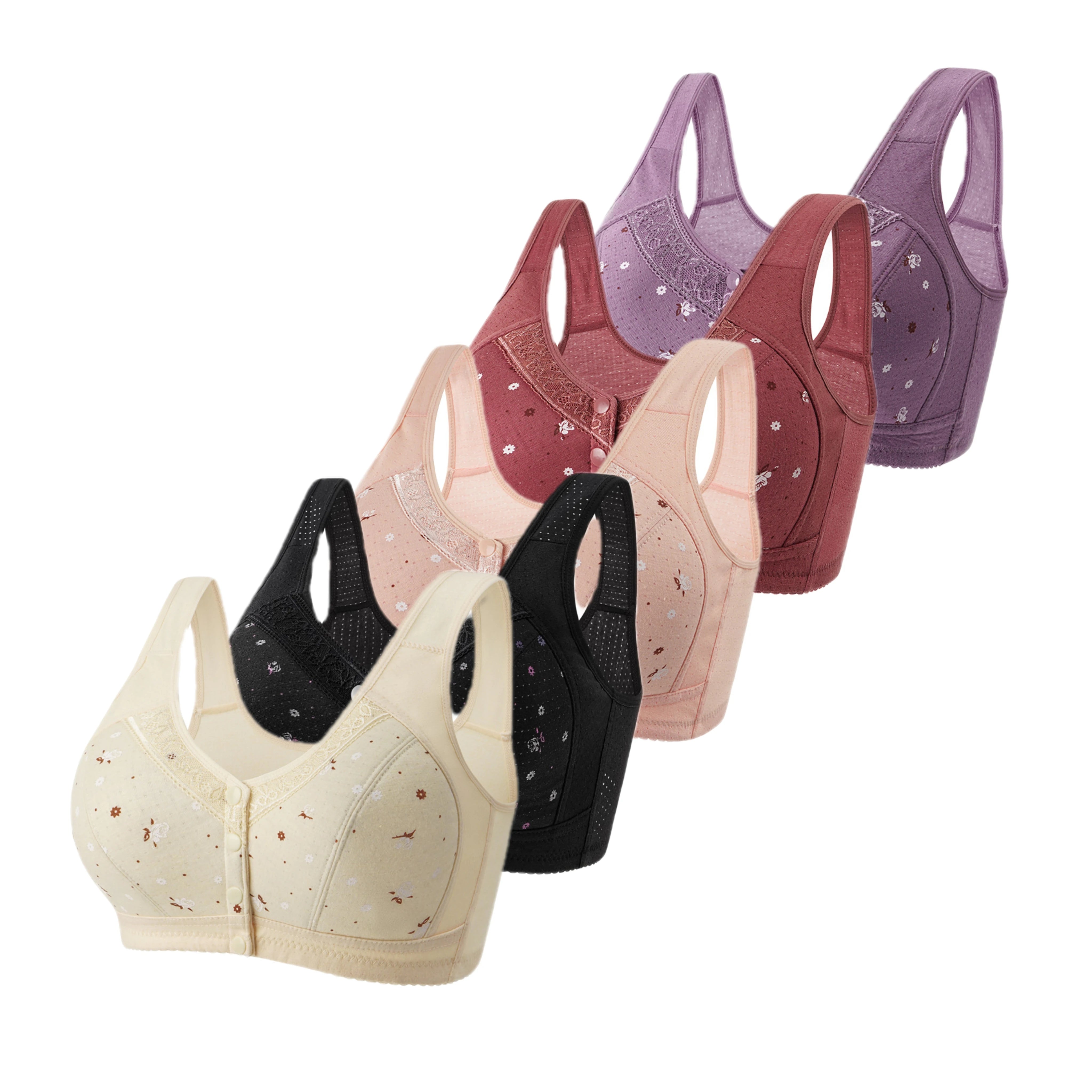 FallSweet 5Pcs/Set Front Closure Plus Size Bras for Women Seamless Wireless Bralette Lace Print Sexy Ladies Lingerie 38-50BC