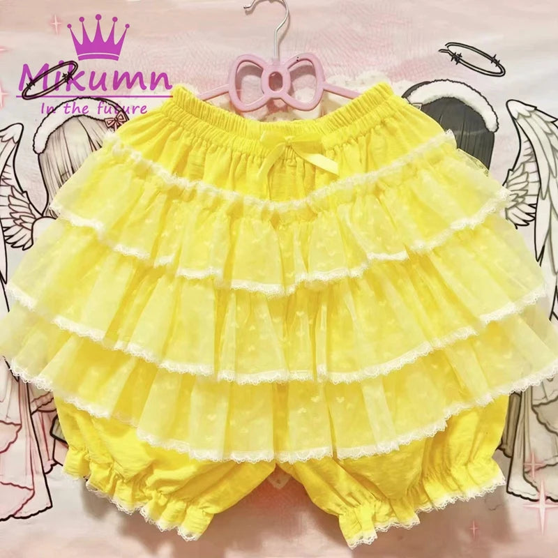 Mikumn Harajuku Sweet Lace Shorts Skirts Y2k Japanese Lolita Kawaii JK Ruffles Bloomers Women Elastic Waist Safety Short Pants