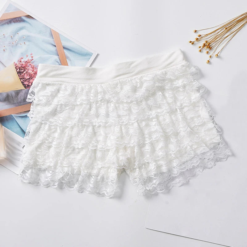 Women Summer Ruffle Lace Safety Short Pants Princess Lolita Safety Shorts Elastic Waist Casual Layered Panties Underwear