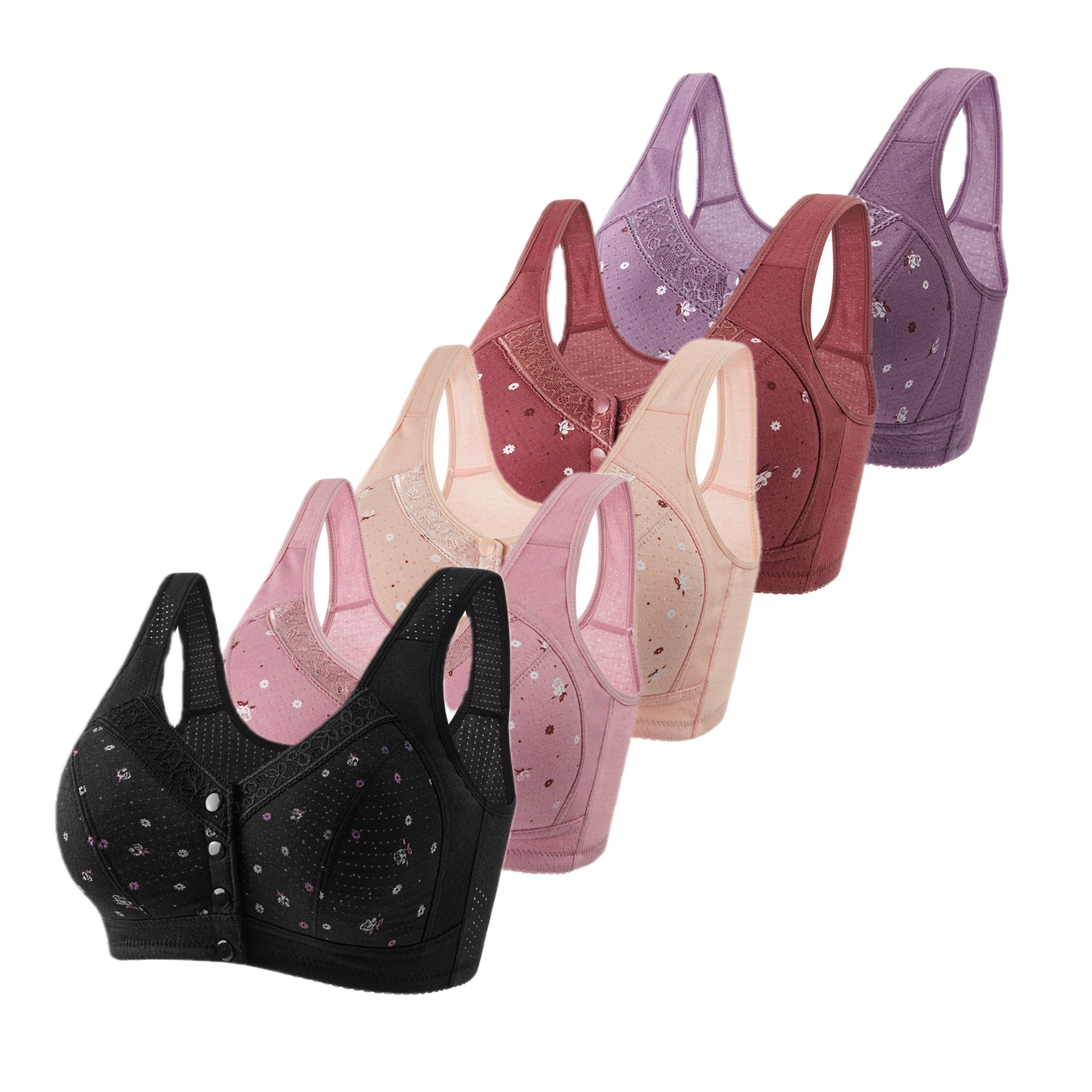 FallSweet 5Pcs/Set Front Closure Plus Size Bras for Women Seamless Wireless Bralette Lace Print Sexy Ladies Lingerie 38-50BC