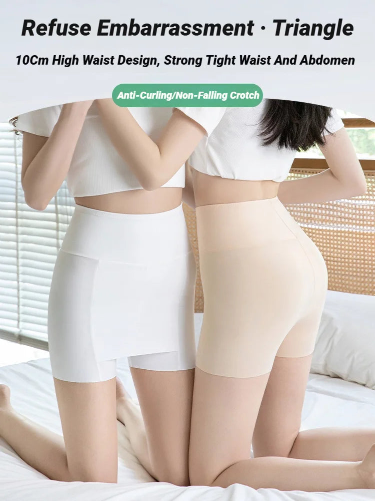 Ice Silk High Waist Women Tummy Control Seamless Shorts Double Layer Under The Skirt Boxer Safety Pants Shapewear Pantie Shapew