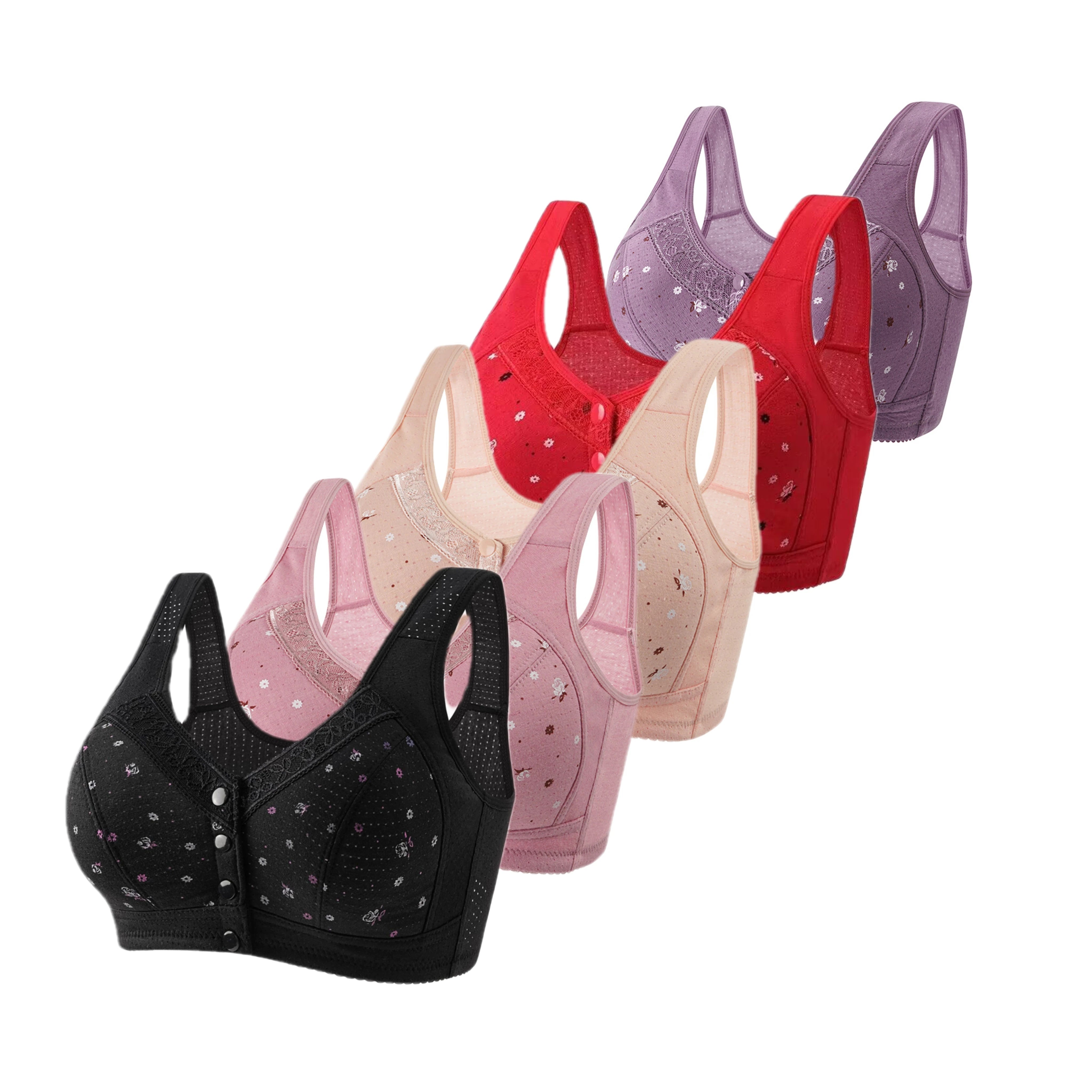 FallSweet 5Pcs/Set Front Closure Plus Size Bras for Women Seamless Wireless Bralette Lace Print Sexy Ladies Lingerie 38-50BC