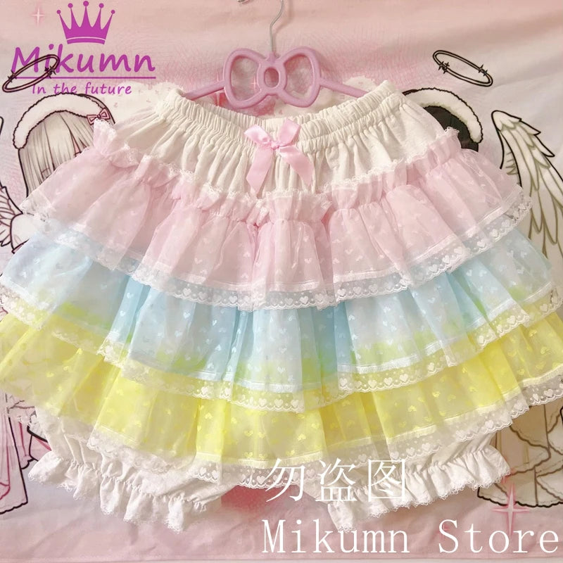 Mikumn Harajuku Sweet Lace Shorts Skirts Y2k Japanese Lolita Kawaii JK Ruffles Bloomers Women Elastic Waist Safety Short Pants