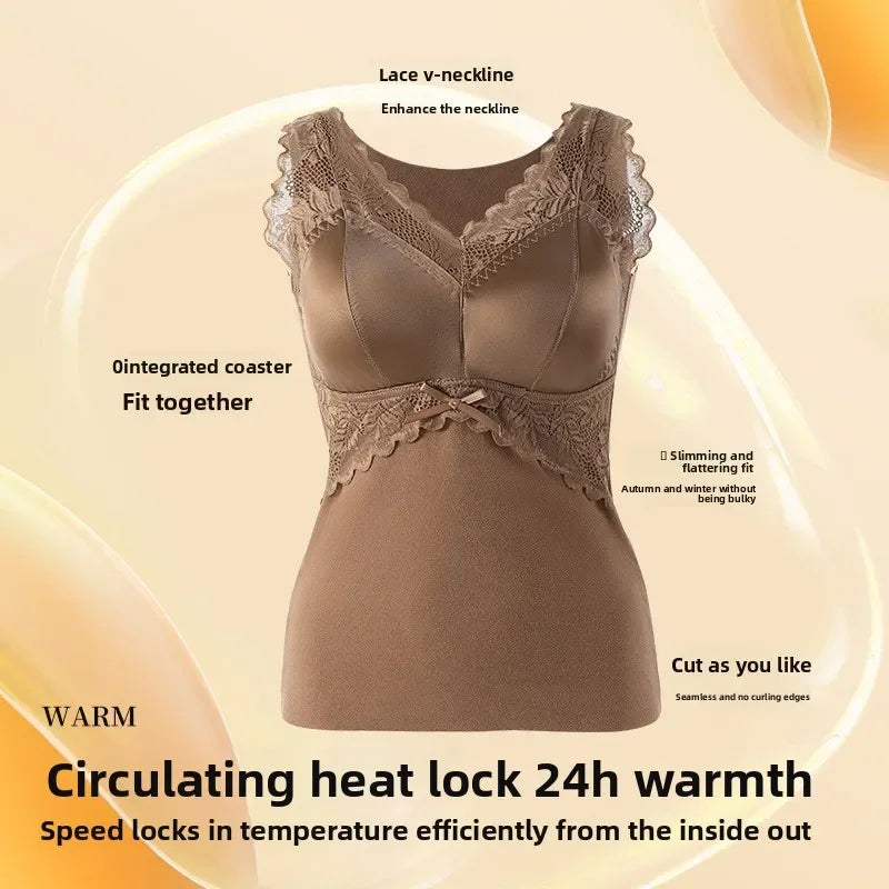 Ladies Fashionable Highquality Velvet Warm Vest Autumn Winter Lace Seamless One-piece Fixed Chest Pad Comfortable Warm Underwear