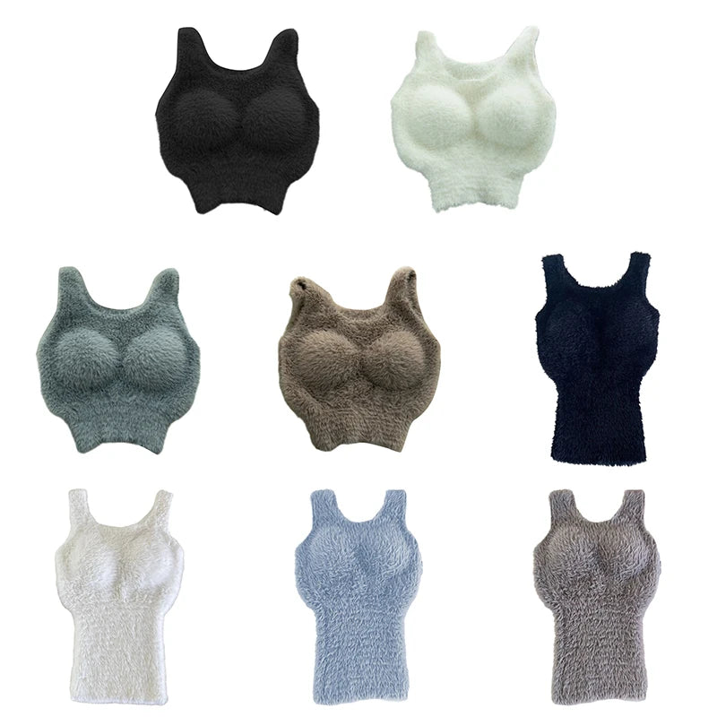 Autumn Winter Plush Warm Wool Tank Tops Bottom Imitation Cashmere Girls Thermal Underwear Thicken Fleece Camisole Bra Pads
