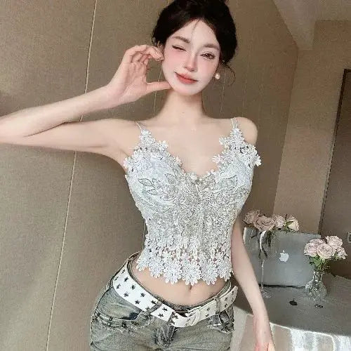 Summer French-style sweet and spicy lace camisole top versatile for layering or casual wear, women's fashion