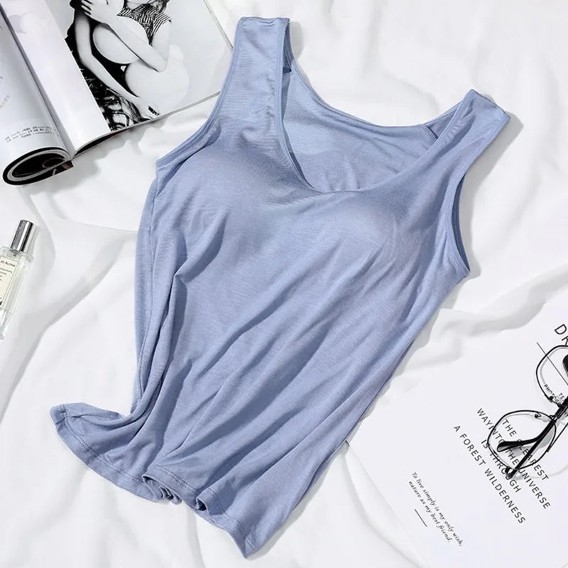 Women's Vest Tops With Built In Padded Bra Vest Slim Fit Tank Tops Sexy Shirts Feminino Casual Underlay Slimming Lingerie Top