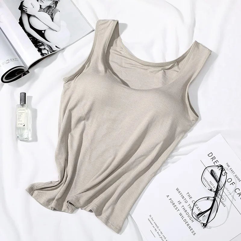 Women's Vest Tops With Built In Padded Bra Vest Slim Fit Tank Tops Sexy Shirts Feminino Casual Underlay Slimming Lingerie Top