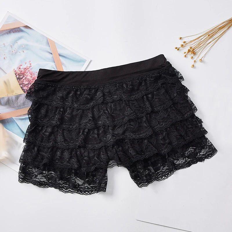 Women Summer Ruffle Lace Safety Short Pants Princess Lolita Safety Shorts Elastic Waist Casual Layered Panties Underwear