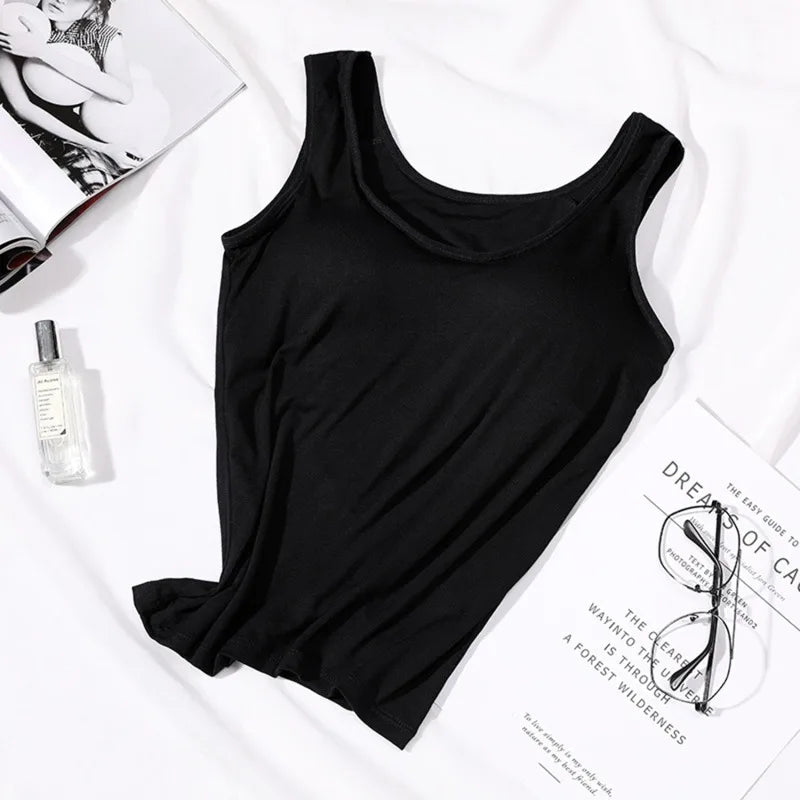 Women's Vest Tops With Built In Padded Bra Vest Slim Fit Tank Tops Sexy Shirts Feminino Casual Underlay Slimming Lingerie Top