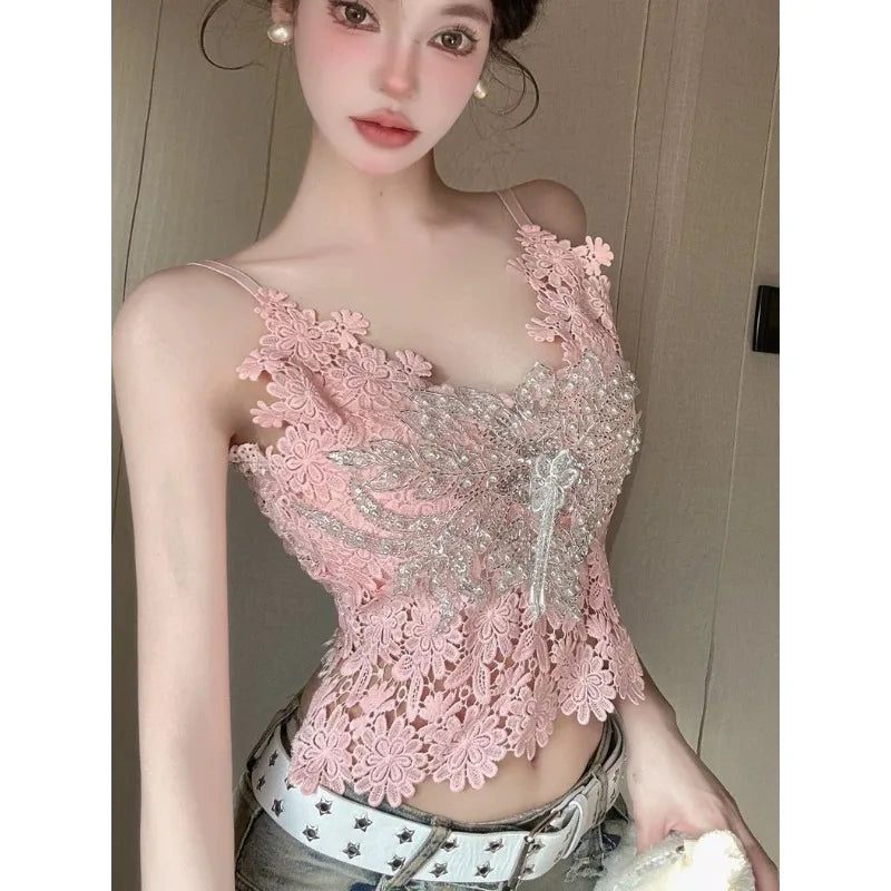 Summer French-style sweet and spicy lace camisole top versatile for layering or casual wear, women's fashion