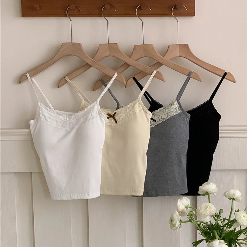 1pcs Women Knitted Crop Tops Solid Laces Sling Tops Knitwear Tank Top Girls Sexy Slim Camisole Sweet Short Vest With Padded Cups