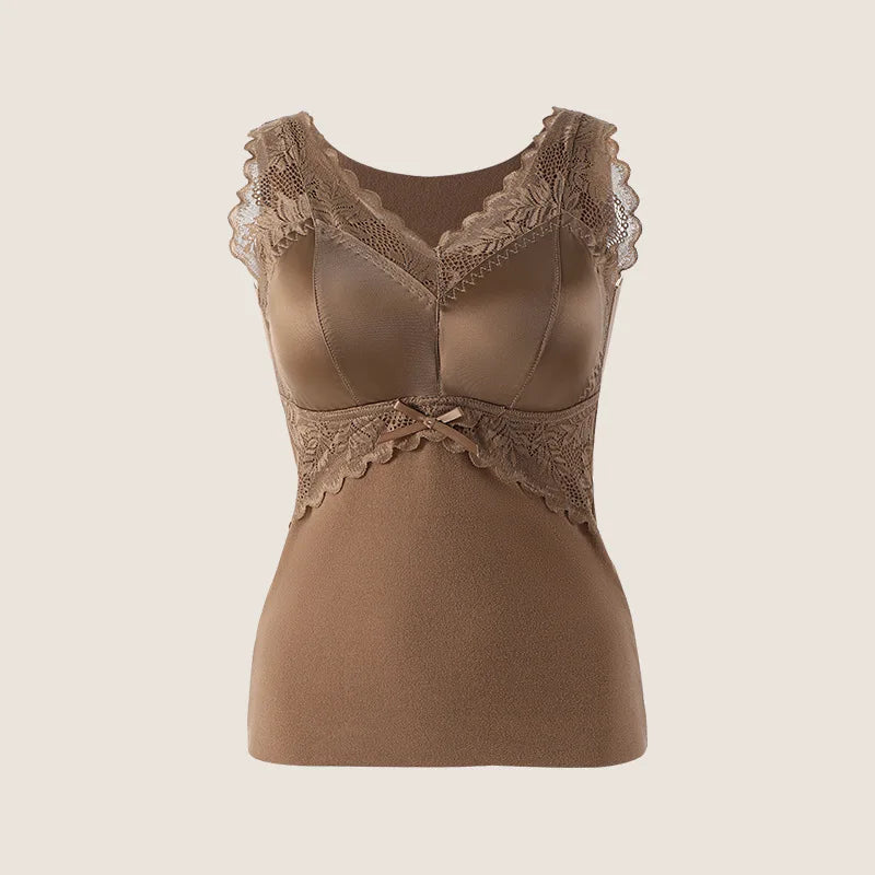 Ladies Fashionable Highquality Velvet Warm Vest Autumn Winter Lace Seamless One-piece Fixed Chest Pad Comfortable Warm Underwear